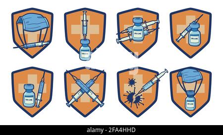 Sammlung von isolierten, von Hand gezogenen Vektoren, die mit der Impfung in Verbindung stehen, Spritzen, die das Immunsystem verbessern, mit einem orangen Schild auf der Rückseite. Stock Vektor