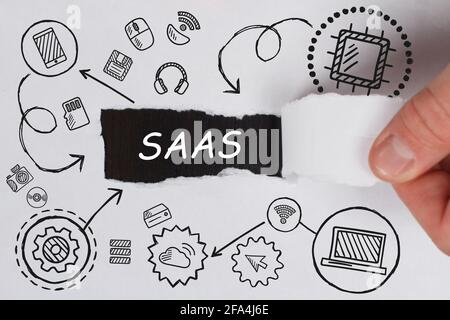 Business, Technologie, Internet und Netzwerkkonzept. Junger Geschäftsmann arbeitet auf einem virtuellen Bildschirm der Zukunft und sieht die Inschrift: SAAS Stockfoto