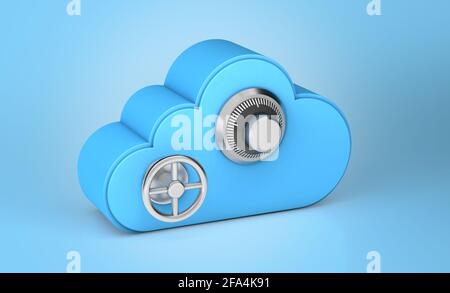 Cloud-Speicher sicher. Zahlenschloss als Sicherheits- und Passwortsymbol. Blauer Hintergrund. 3d-Rendering. Stockfoto