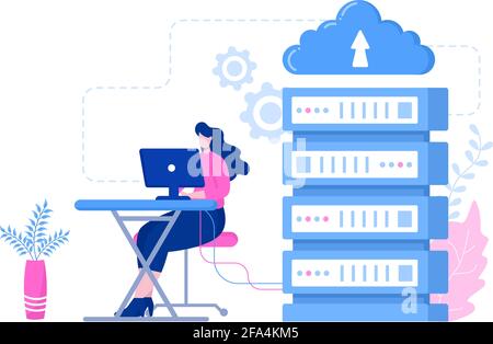 Computer Cloud Server Hosting Storage Illustration Der Datenübertragungstechnologie Und Schutz durch Administrator- oder Entwicklerteam Stock Vektor