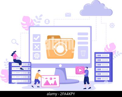Computer Cloud Server Hosting Storage Illustration Der Datenübertragungstechnologie Und Schutz mit Administrator- oder Entwicklerteam-Design Stock Vektor