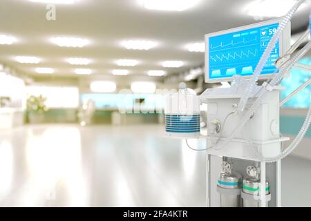 Medizinische 3D-Illustration, künstlicher Lungenventilator auf der Intensivstation mit fiktivem Design in einer hellen Klinik mit selektivem Fokus - heal covid-19-Konzept Stockfoto