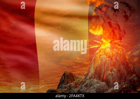 Großer Vulkanausbruch in der Nacht mit Explosion auf Guinea Flagge Hintergrund, leiden unter Katastrophe und vulkanisches Erdbeben Konzept - 3D-Abbildung o Stockfoto