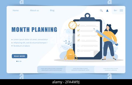 Monatsplanung oder To-Do-Listenkonzept. Vorlage für die Landing Page der Website. Frau mit riesigem Bleistift, der in der Nähe einer großen Checkliste auf der Zwischenablage steht. Vektor Stock Vektor