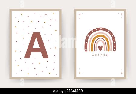 Boho-Regenbogen. Poster mit Kindernamen. Skandinavisches Design für Kinderzimmer, Wanddekor. Niedliche Pastell-Vektor-Illustration im Cartoon-Stil Stock Vektor