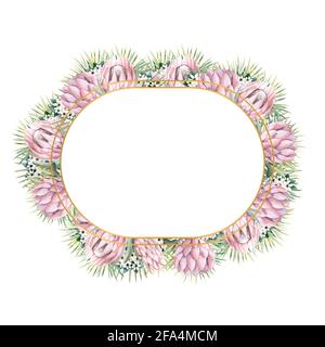 Ovaler Goldrahmen mit protea-Blüten, tropischen Blättern, Palmenblättern, bouvardia-Blüten. Hochzeitsstrauß in einem Rahmen für das Design eines stilvollen Stockfoto