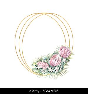 Ovaler Goldrahmen mit protea-Blüten, tropischen Blättern, Palmenblättern, bouvardia-Blüten. Hochzeitsstrauß in einem Rahmen für das Design eines stilvollen Stockfoto
