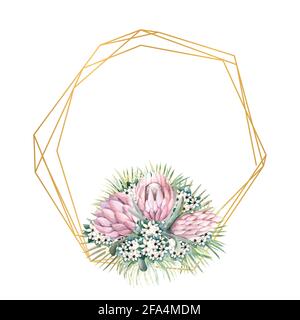 Rahmen mit protea-Blüten, tropischen Blättern, Palmblättern, bouvardia-Blüten. Hochzeitsstrauß im Rahmen für die Gestaltung einer stilvollen Einladung Stockfoto