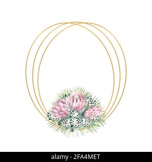 Ovaler Goldrahmen mit protea-Blüten, tropischen Blättern, Palmenblättern, bouvardia-Blüten. Hochzeitsstrauß in einem Rahmen für das Design eines stilvollen Stockfoto
