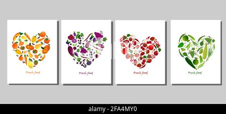 Set von Karten mit frischem Obst und Gemüse. Frische, farbenfrohe Speisen. Stock Vektor