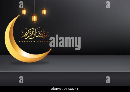 Ramadan Kareem schöner goldener Halbmond auf dem Tischboden Mit 3D-Rendering von hängenden Laternen Stockfoto