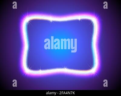 Glänzender Neon-Rahmen mit Funkeln und buntem Leuchten auf dunkelblauem Hintergrund. Quadratischer Rahmen mit Fackeln. Rechteckige Form. Stock Vektor