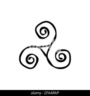 Triskelion oder Triskele Spiraldreieck handgezeichnetes Shabby-Symbol. Bretonischer und keltischer Originalschild. Vektorgrafik isoliert auf Weiß. Stock Vektor