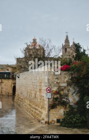 Alte Mauer neben einer nassen Kopfsteinpflasterstraße in Mdina, Malta. Stockfoto