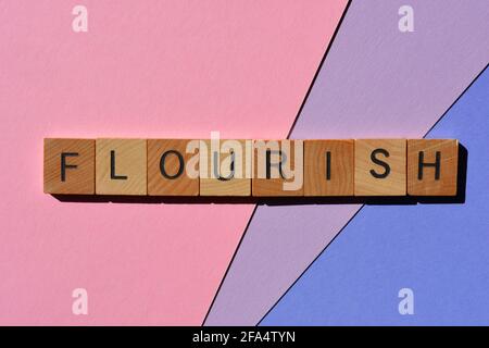 Flourish, Wort in Holz-Alphabet Buchstaben isoliert auf bunten Hintergrund Stockfoto