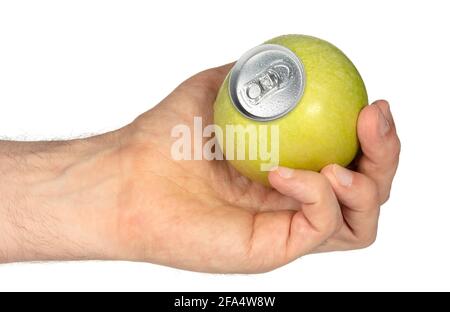 Apfelsaft in einer speziellen Dose, isoliert auf weißem Hintergrund Stockfoto