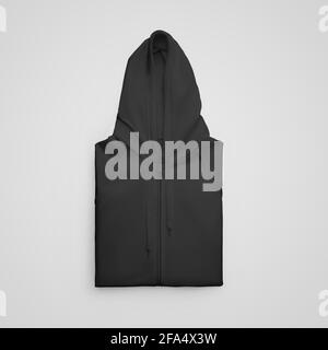 Mockup von schwarzen wunderschön gefalteten Hoodie mit Reißverschluss, Krawatten, isoliert auf weißem Hintergrund. Vorlage von texturierten weiblichen, männlichen Kleidung für die Werbung in Stockfoto