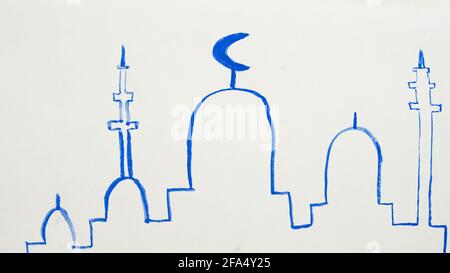 Aquarell Zeichnung Silhouette einer Moschee, Minarette einfache Kinder Illustration, Ramadan Urlaub Stockfoto