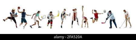 Collage von verschiedenen professionellen Sportlern, passen Menschen in Aktion und Bewegung isoliert auf weißem Hintergrund. Flyer. Stockfoto