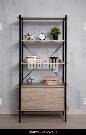 Regal mit Büchern und Pflanzen über Betonwand Hintergrund Stockfoto