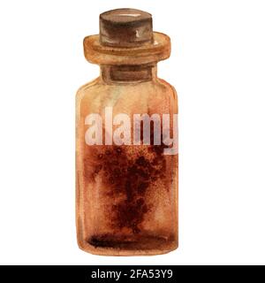 Aquarell handgezeichnete kleine braune Glasflasche mit Stopfen. Vorlage von antiken Flasche mit magischem Element. Aromaöl im Cartoon-Stil. Stockfoto