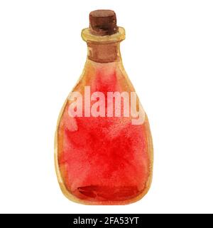 Aquarell handgezeichnete kleine rote Glasflasche mit Stopfen. Vorlage von antiken Flasche mit magischem Element. Aromaöl im Cartoon-Stil. Stockfoto