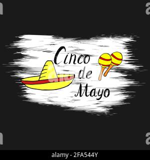 Cinco de Mayo handgeschriebenes Phrasendesign mit Schriftzügen, handgezeichnete Cartoon-Kritzeleien mit farbenfrohen Sombrero und Maracas auf weißem Grunge-Hintergrund. Vektor Stock Vektor