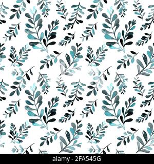 Aquarell handgezeichnete Zweige mit Blättern in nahtlosem Muster. Design für Abdeckungen, Verpackungen, Textilien. Lebhaftes Grün und hellblau hintergründet den Hintergrund. Stockfoto
