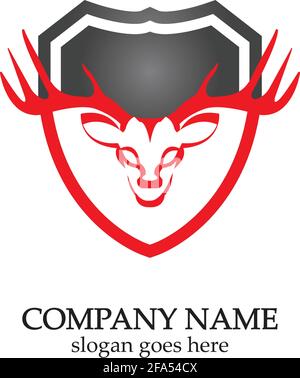 Hirschjäger mit Schild-Logo-Design, Wildtier-Vektor, Kopf Hirsch Illustration Stock Vektor