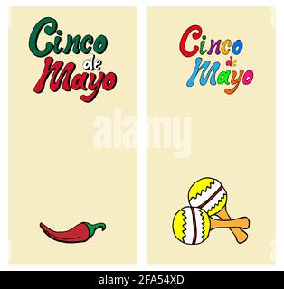 Set Cinco de Mayo handgeschriebenen Schriftzug Phrase Design bunt mit Hand zeichnen Farbe Cartoon Kritzeleien Maracas, Pfeffer. Vektorgrafik Stock Vektor
