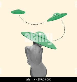 Zeitgenössische Kunstcollage, modernes Design. Retro-Style. Schöne Ballerina in grün stilvoller Hut als UFO auf gelbem Hintergrund Stockfoto