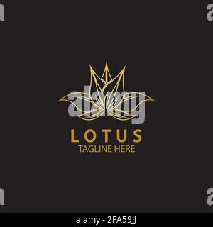 Logo der goldenen Lotusblume. Vektor-Design-Vorlage von Lotus-Symbol auf dunklem Hintergrund mit goldenem Effekt für Öko-, Beauty-, Spa-, Yoga-, Medizin-Unternehmen. Stock Vektor