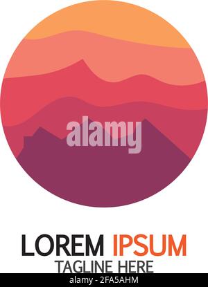 Isolierte Runde Sonnenuntergang Vektor-Logo. Berge-Silhouette. Minimalistische Abendhimmel. Stock Vektor
