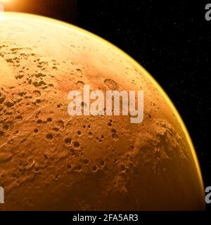 Satellitenansicht des Mars, Details und Details der Marsoberfläche. Krater Täler und Berge des roten Planeten. Stockfoto