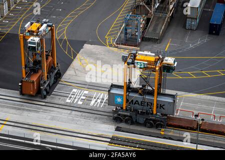 Staple Carrier, die Container im Container Port, Lyttelton, Container Port, Christchurch, Canterbury, Südinsel, Neuseeland Stockfoto