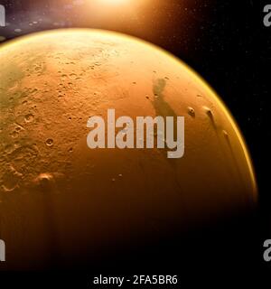 Satellitenansicht des Mars, Details und Details der Marsoberfläche. Krater Täler und Berge des roten Planeten. Stockfoto