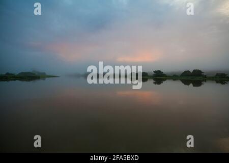 Panama-Landschaft mit frühmorgendlichem Nebel rund um Rio Chagres und den Regenwald des Soberania-Nationalparks, Republik Panama, Mittelamerika. Stockfoto