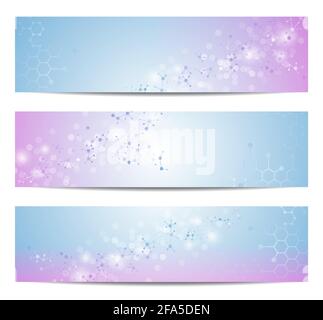 Satz moderner wissenschaftlicher Banner. Molekülstruktur von DNA und Neuronen. Abstrakter Hintergrund. Stock Vektor