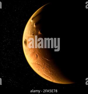 Satellitenansicht des Mars, Details und Details der Marsoberfläche. Krater Täler und Berge des roten Planeten. Stockfoto