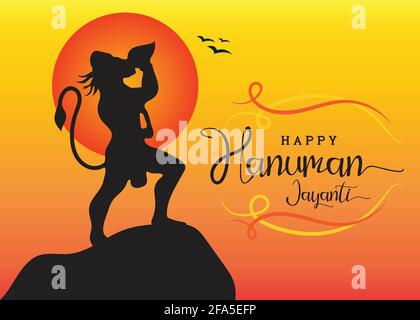 Happy Hanuman Jayanti Poster Tapete, Hindu Gott Silhouette Sonnenuntergang Hintergrund, Banner Vektor Stock Vektor