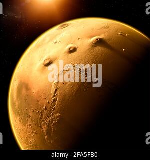 Satellitenansicht des Mars, Details und Details der Marsoberfläche. Krater Täler und Berge des roten Planeten. Stockfoto