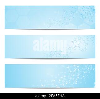 Satz moderner wissenschaftlicher Banner. Molekülstruktur von DNA und Neuronen. Abstrakter Hintergrund. Stock Vektor