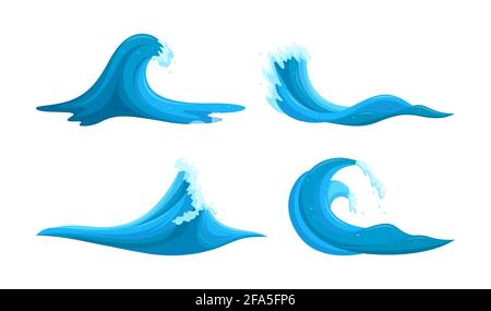 Clipart Flooding-Kurven gesetzt. Blaue Wellen Tsunami isoliert auf weißem Hintergrund. Cartoon-Vektorgrafik Stock Vektor