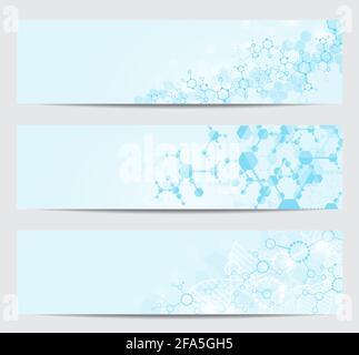Satz moderner wissenschaftlicher Banner. Molekülstruktur von DNA und Neuronen. Abstrakter Hintergrund. Stock Vektor