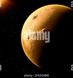 Satellitenansicht des Mars, Details und Details der Marsoberfläche. Krater Täler und Berge des roten Planeten. Stockfoto