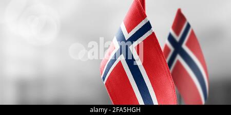 Kleine Nationalflaggen der Norwegen auf einer leichten Unschärfe Hintergrund Stockfoto