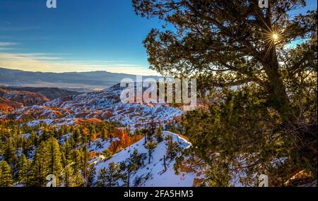 Bryce Canyon National Park, Utah, USA, wie man ihn im Winter sieht, mit Schnee, der die berühmten Hoodoo-Felsformationen bedeckt. Stockfoto