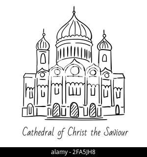Handgezeichnete Doodel-Skizze von Moskauer Wahrzeichen. Kathedrale von Christus dem Erlöser. Schwarze Linie auf weißem Hintergrund Stock Vektor