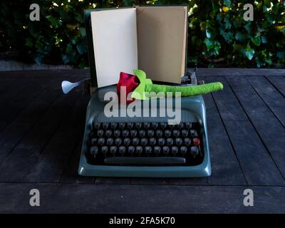 Eine Rose auf einem Stapel von Büchern und Eine Schreibmaschine Stockfoto