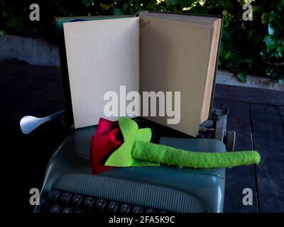 Eine Rose auf einem Stapel von Büchern und Eine Schreibmaschine Stockfoto